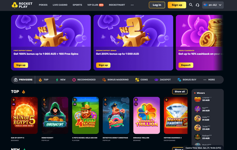 RocketPlay Casino homepage interface